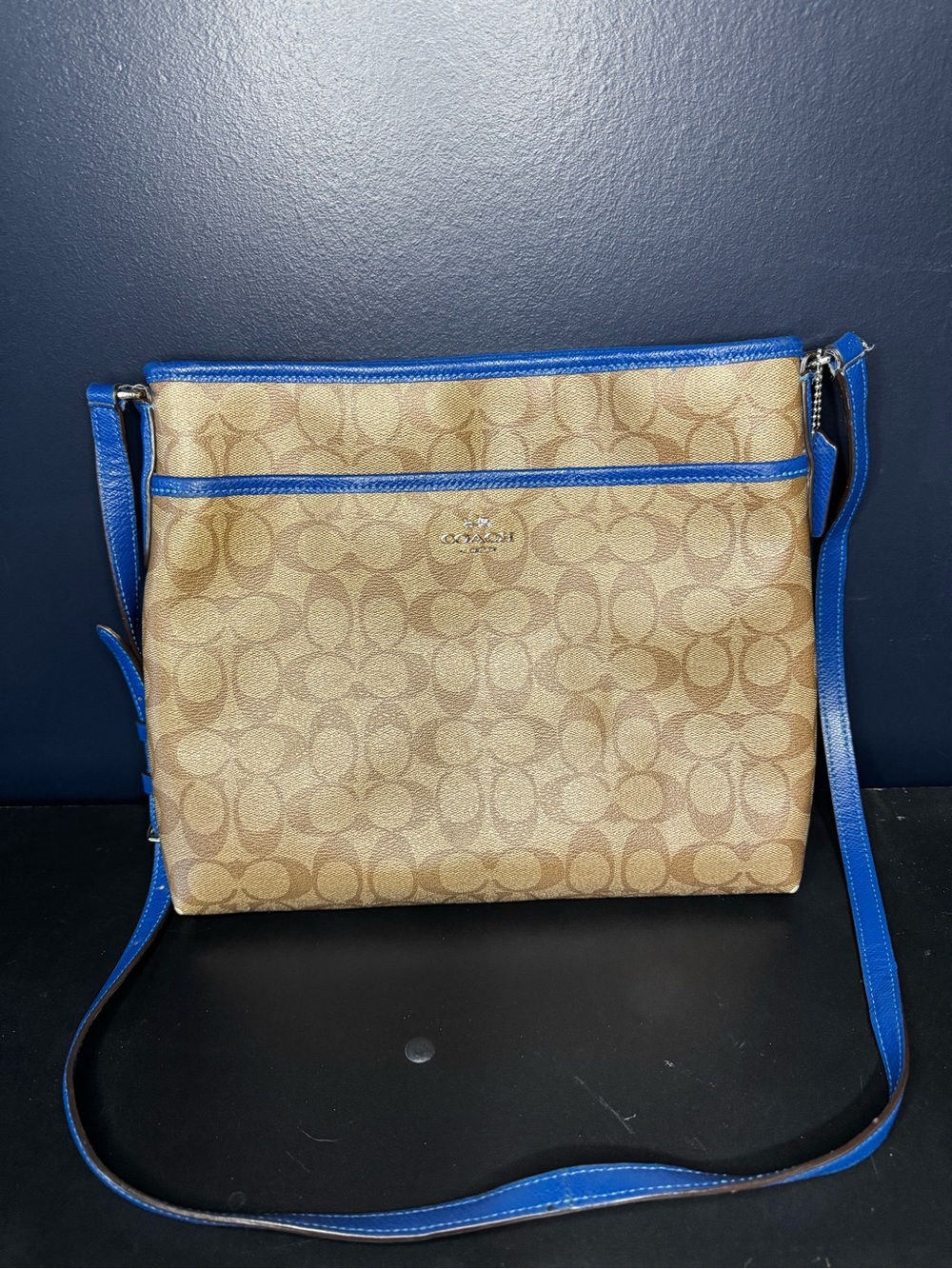 Coach Signature Crossbody Bag Tan Canvas Blue Trim F34938